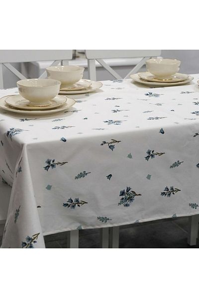 Pucioasa Teflon-coated cotton tablecloth, round, diameter 140cm, Blue Florets