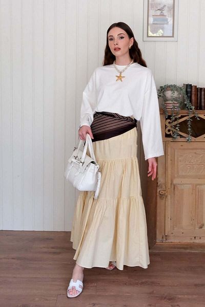 Ceylan Otantik Ecru Body & Butter Yellow Cross Fold Skirt Suit