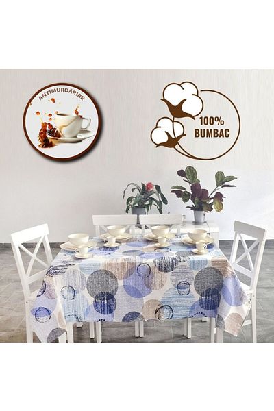 Pucioasa Teflon-coated cotton tablecloth, round, diameter 180cm, blue/beige circles