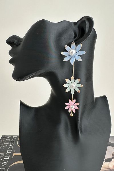 Modex Metal Colored Pearl Detail Wind Flower Dangle Earrings(9cm)