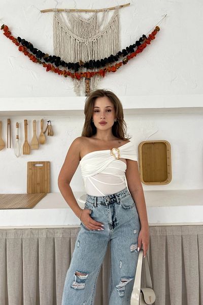 MOZENA One Shoulder Crop Blouse with Accessory Detail