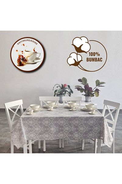 Pucioasa Teflon-coated cotton tablecloth, 140x180cm, gray baroque pattern v1