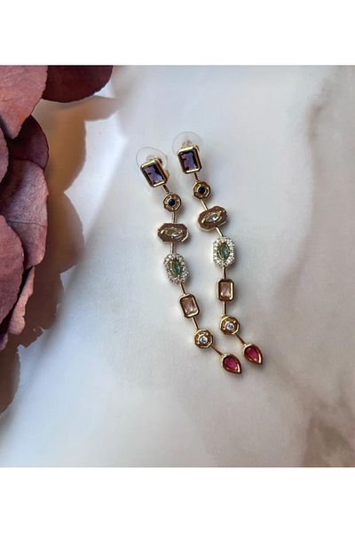Lumiera Melis Göral Design Y Pendant Stylish Dangle Steel Earrings with Gold Detailed Colorful Zircon Stone