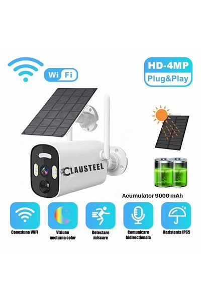 CLAUSTEEL surveillance camera with solar panel included, WIFI, 4MPX, 9000mAh battery