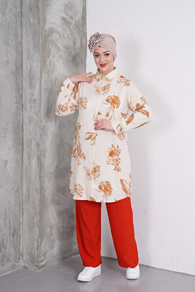 Polologin Butik Set tunică cu imprimeu floral și pantaloni portocalii