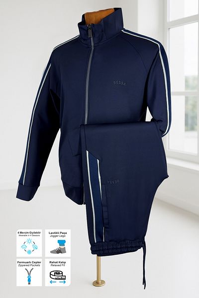 BESSA Ανδρικό σετ αθλητικής φόρμας Navy Blue Diver Scuba Παντελόνι με ελαστικό πόδι με υφασμάτινη τσέπη με φερμουάρ Άνετη εφαρμογή