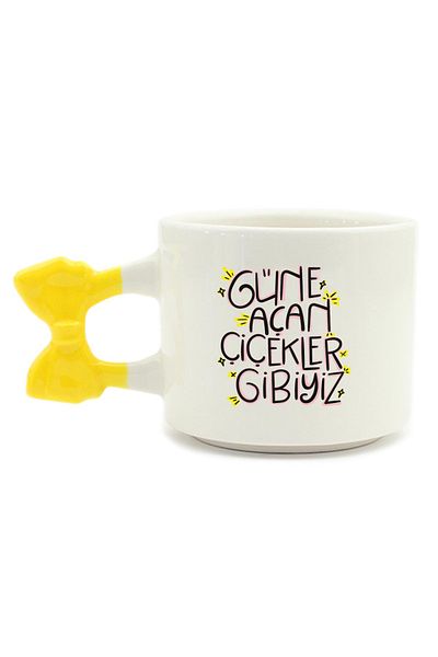 PALTO TASARIM We Are Like Sunflowers Handmade Cream Shiny Ribbon Mug - Handcrafted Gift Mug Cup Mu