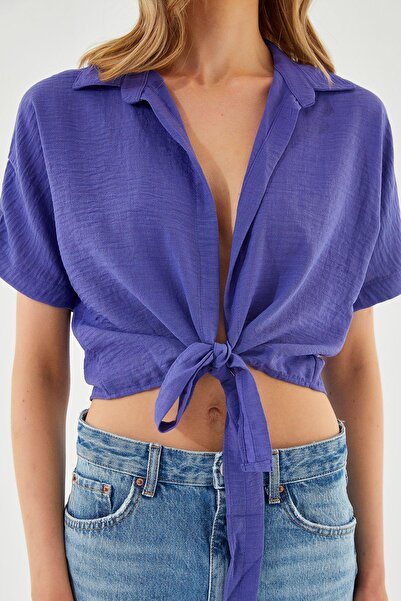 Mixray 4230 Women's Tie-Up Summer Linen Shirt Lilac
