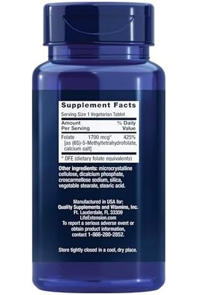 Life Extension Optimized Folate (L-Methylfolate) 100 Vegetarian Tablets – Supports Heart & Brain Health