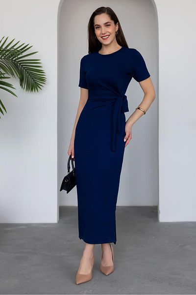 FEVİLLE Women's Navy Blue Side Tie Slit Modal Fabric Dress