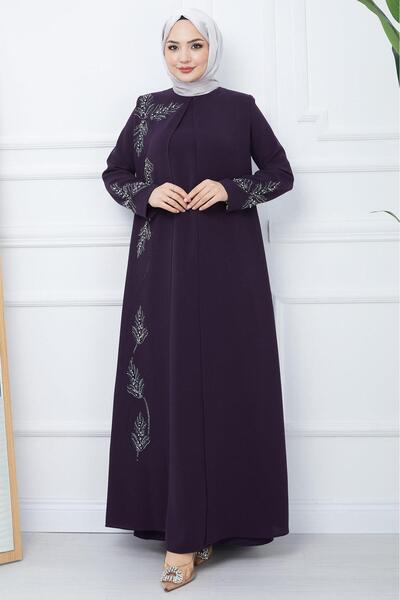 SENSTIL Plus Size Mother Dress with Leaf Stones Purple Ss2350