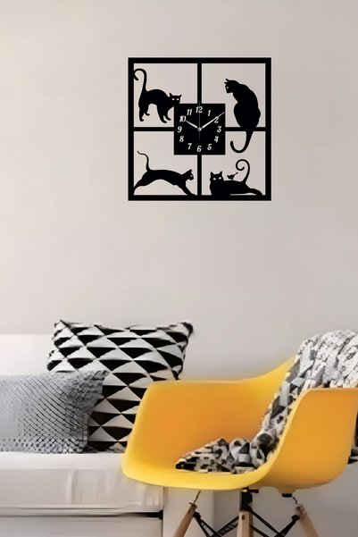 Ensa Design kedi saat kare - yaramaz kedi çerçeveli kare ahşap saat 40cm