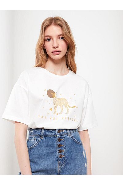 LC Waikiki Tricou de damă din bumbac cu mânecă scurtă cu imprimeu cu decolteu