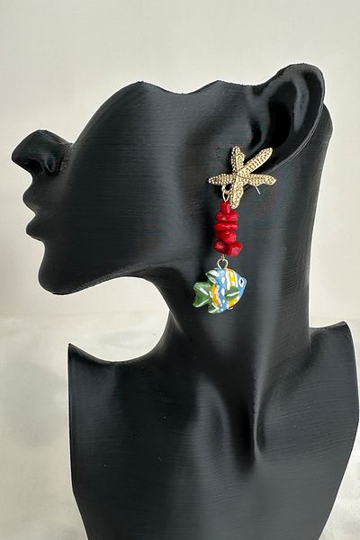 Modex Metal Starfish Detailed Beaded Blue Fish Earrings (6cm)