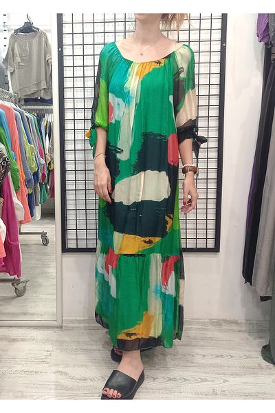 Butik Şans Brush Patterned Italian Dress with Tie Sleeve Detail