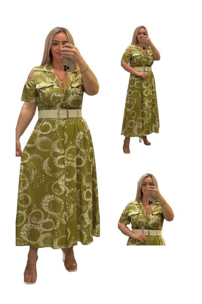 TESSY KADIN BÜYÜK BEDEN DESENLİ-KEMERLİ ELBİSE