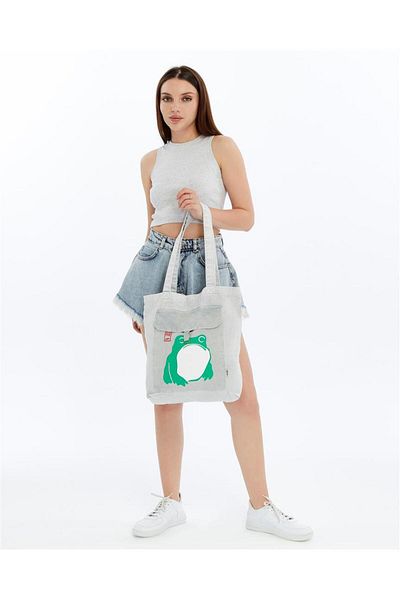 S-Ponder Frog Printed 100% Cotton Snap Closure Tote Bag Cloth Shoulder Bag