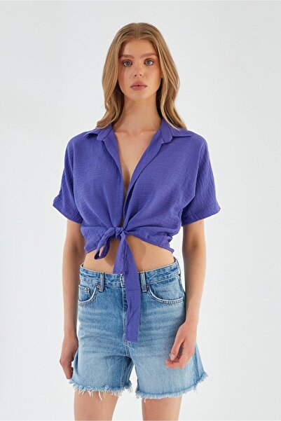 Mixray 4230 Women's Tie-Up Summer Linen Shirt Lilac