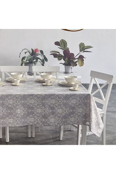 Pucioasa Teflon-coated cotton tablecloth, round, diameter 140cm, gray baroque pattern V1