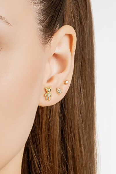 So CHIC... Sevimli Ayıcık 18 Ayar Sarı Altın Kaplama Gümüş Çoklu Küpe