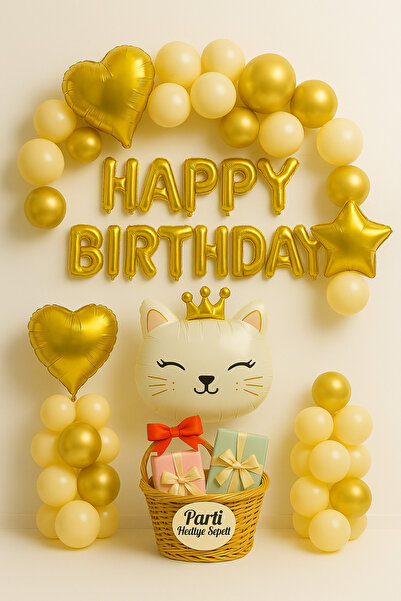 parti hediye sepeti Taçlı Prenses Kedi Doğum Günü Balon Süsleme Seti | Hazır ...