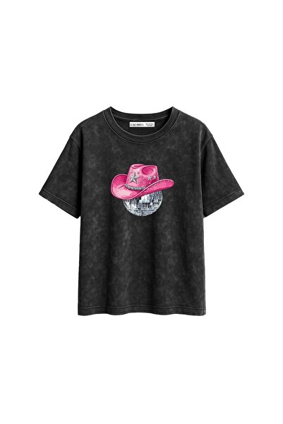 Bak Moda Cow Girl Printed Relaxed Fit Washable Μαύρο γυναικείο μπλουζάκι