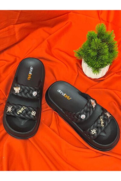 Akınal Bella Akinal Bella E423 Black Double Striped Stylish Modern Special Design Orthopedic Slippers
