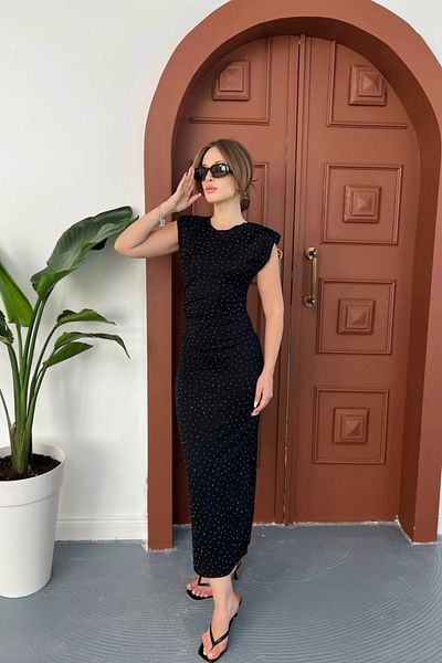 MOZENA Modal Dress with Shoulder Padding and Stone Detail