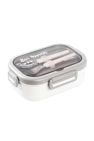 Tantitoni Beige Stainless Steel Rectangular Food Container with Fork and Spoon 850ml