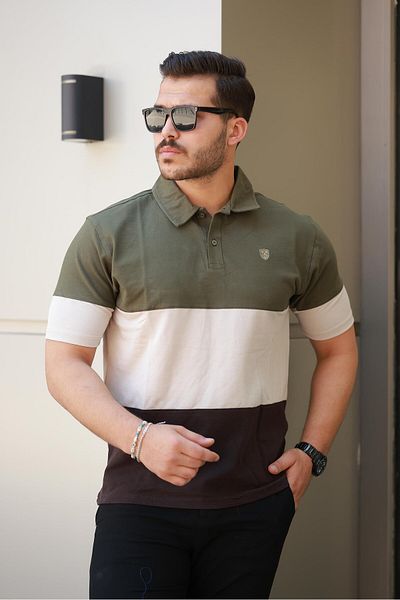 Miron Men's Polo Neck Khaki Ecru Brown Color Block 100% Cotton T-Shirt - 2532