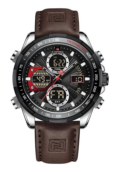 Naviforce Stylish Mens Dual Time Quartz Watch with Black Dial Dark Brown Leather Strap Analog Digital Display