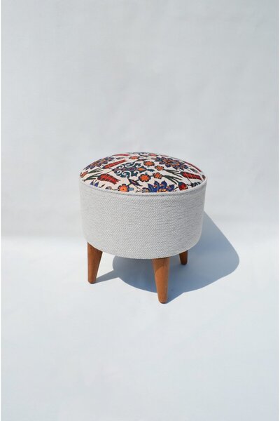 Handmade Otantik Desenli Ahşap Ayaklı Puf Tabure