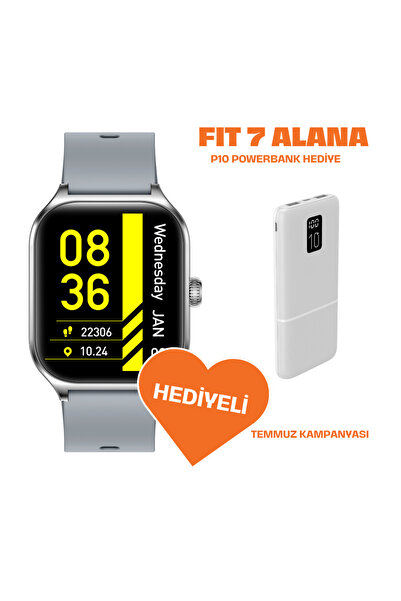 LOGIA Powerbank Hediyeli Fit7 Akıllı Saat Alüminyum Kasa Spor Silikon Kordon