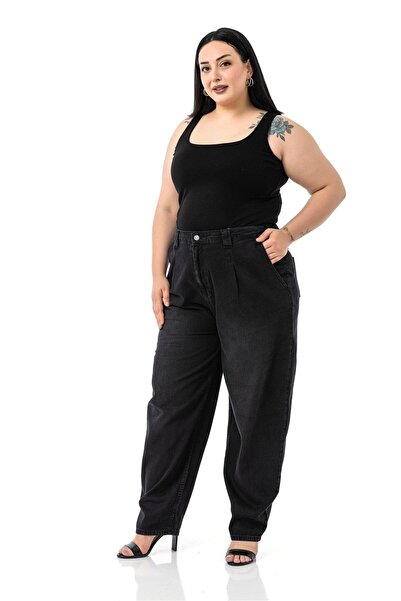 DISENTIS MODEST Plus Size Front Pleated Half Balloon Cut Waist Back Elastic Pocket Denim Black Trousers