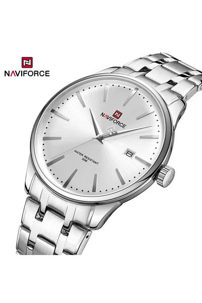 Naviforce Elegant Silver Stainless Steel Analog Wrist Watch for Men with Date Display Water Resistant