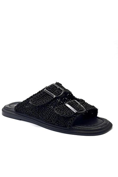 KİNDEP Kindep Beganvil Double Buckle Detailed Daily Woven Knitted Women's Slippers Black