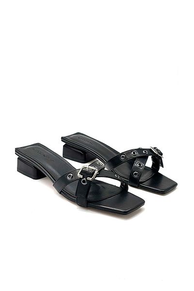 KİNDEP Kindep (London) Short Thick Heeled Cross Trok Detailed Women's Slippers Black