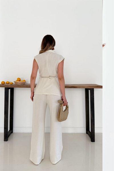 The Robi Linen Fabric Belt Detailed Vest Pant Double Suit