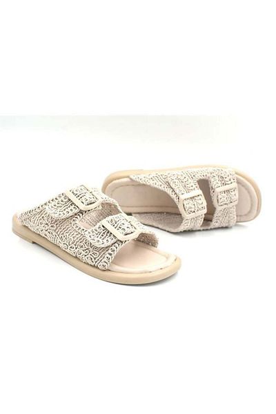 KİNDEP Kindep Beganvil Double Buckle Detailed Daily Woven Knitted Women's Slippers Beige