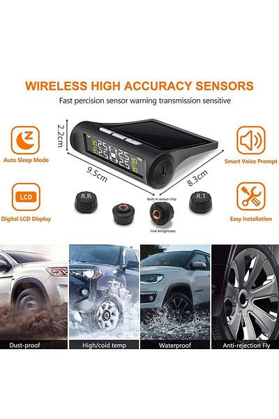 divendi-ro Tire pressure and tire temperature sensors, with alarm, solar charging, LCD display, alarm, black