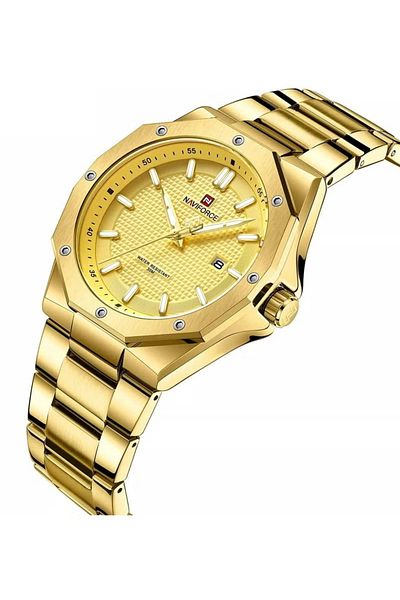 Naviforce Stylish Mens Quartz Watch with Gold Dial Stainless Steel Strap Analog Display Water Resistant