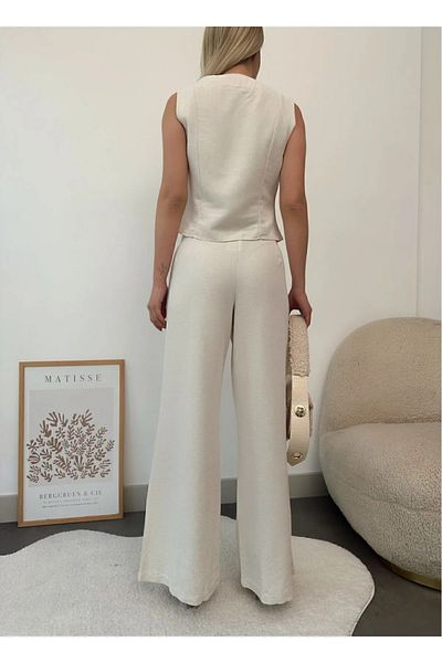 Piano Black Linen Vest Buttoned Suit