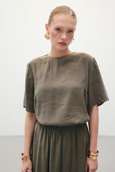 Sateen Κοντομάνικη Casual Μπλούζα - Χακί