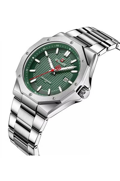 Naviforce Stylish Mens Quartz Watch with Green Dial Stainless Steel Strap Analog Display Water Resistant