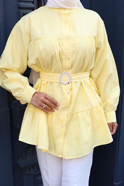 MODA AKGÜN Belted Fold Buttons Stone Detail Princess Shirt
