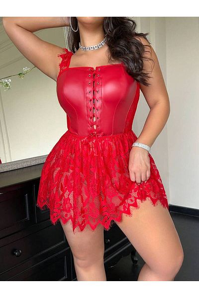 my cherie Eyelet Leather Lace Front Tie-Up Mini Plus Size Dress