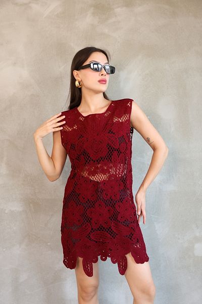 DM DİLAN MODA Women's Crochet Zero Sleeve Bordo Tunic Dress