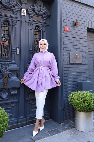 MODA AKGÜN Belted Fold Buttons Stone Detail Princess Shirt