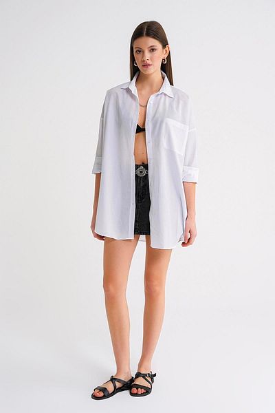 Mixray 4053 Γυναικείο πουκάμισο μονής τσέπης Oversize Basic Λευκό