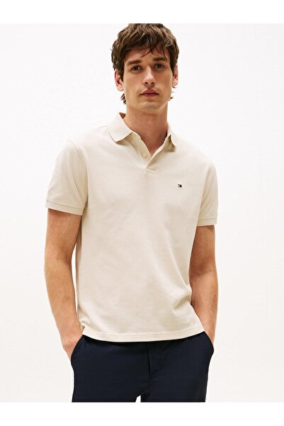 Tommy Hilfiger Men's Woven Polo Neck Short Sleeve Casual Beige Polo Neck T-Sh...